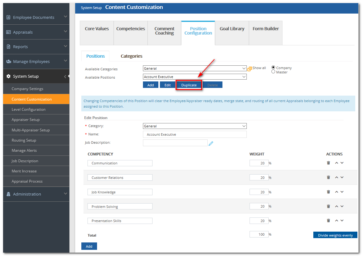 Duplicating a Position Performance Pro